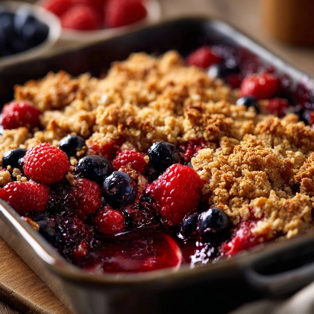 Knuspriger Himbeer Blaubeer Crumble Nahaufnahme 1 Knuspriger Himbeer-Blaubeer-Crumble in Nahaufnahme. Der goldbraune Streusel-Belag bedeckt die saftigen Beeren.
