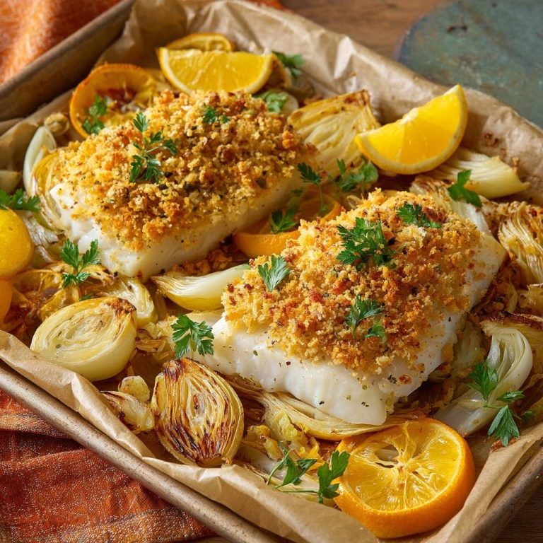 Knuspriger Kabeljau auf Fenchel mit Orange, serviert in einer Ofenform, garniert mit frischer Petersilie und Orangenscheiben.