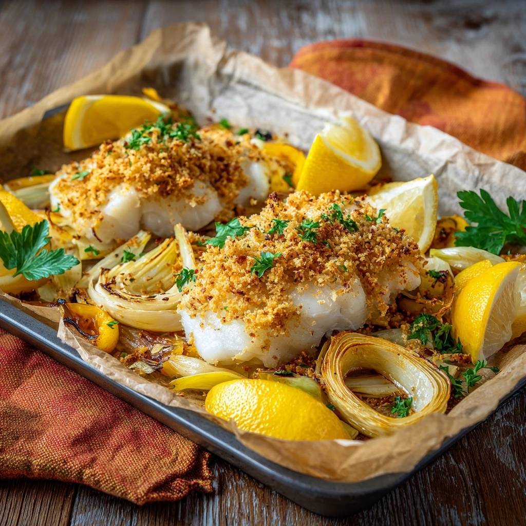 Knuspriger Kabeljau Fenchel Orange Serviert 1 Knuspriger Kabeljau auf Fenchel mit Orange, serviert in einer Ofenform, mit frischen Zitronenspalten und Kräutern garniert.