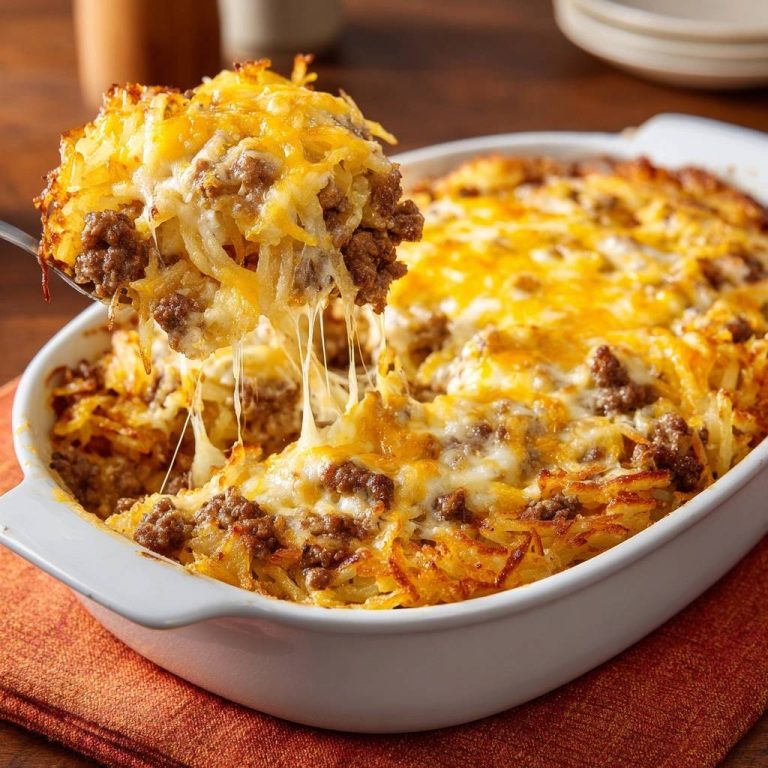 Knuspriger Kartoffel-Hack-Auflauf, eine Portion wird aus der Auflaufform entnommen, mit geschmolzenem Käse und Hackfleisch.
