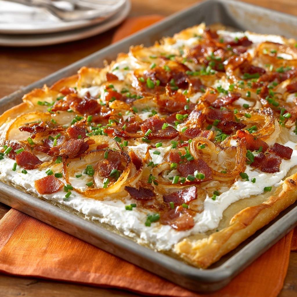 Knuspriger Kartoffelfladen Mit Speck Und Kraeutercreme Drauf 1 Knuspriger Kartoffelfladen mit Speck & Kräutercreme, von oben betrachtet, präsentiert eine appetitliche Ansicht mit knusprigem Speck und Zwiebeln.