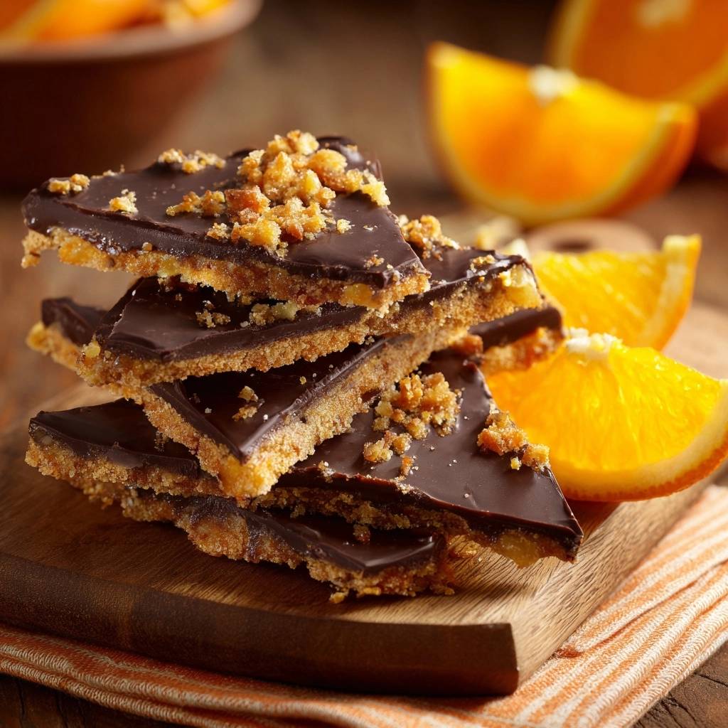 Knuspriger Orangen Schokoladen Pekannuss Toffee Gestapelt 1 Knuspriger Orangen-Schokoladen-Pekannuss-Toffee, gestapelt auf einem Holzbrett, zeigt die verschiedenen Schichten und die knusprige Textur. Dazu frische Orangenscheiben.