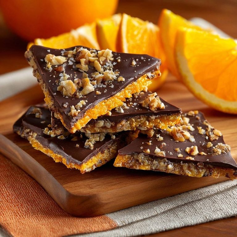 Knuspriger Orangen-Schokoladen-Pekannuss-Toffee in einer Nahaufnahme, der die schokoladige Glasur und die knusprigen Pekannüsse zeigt.