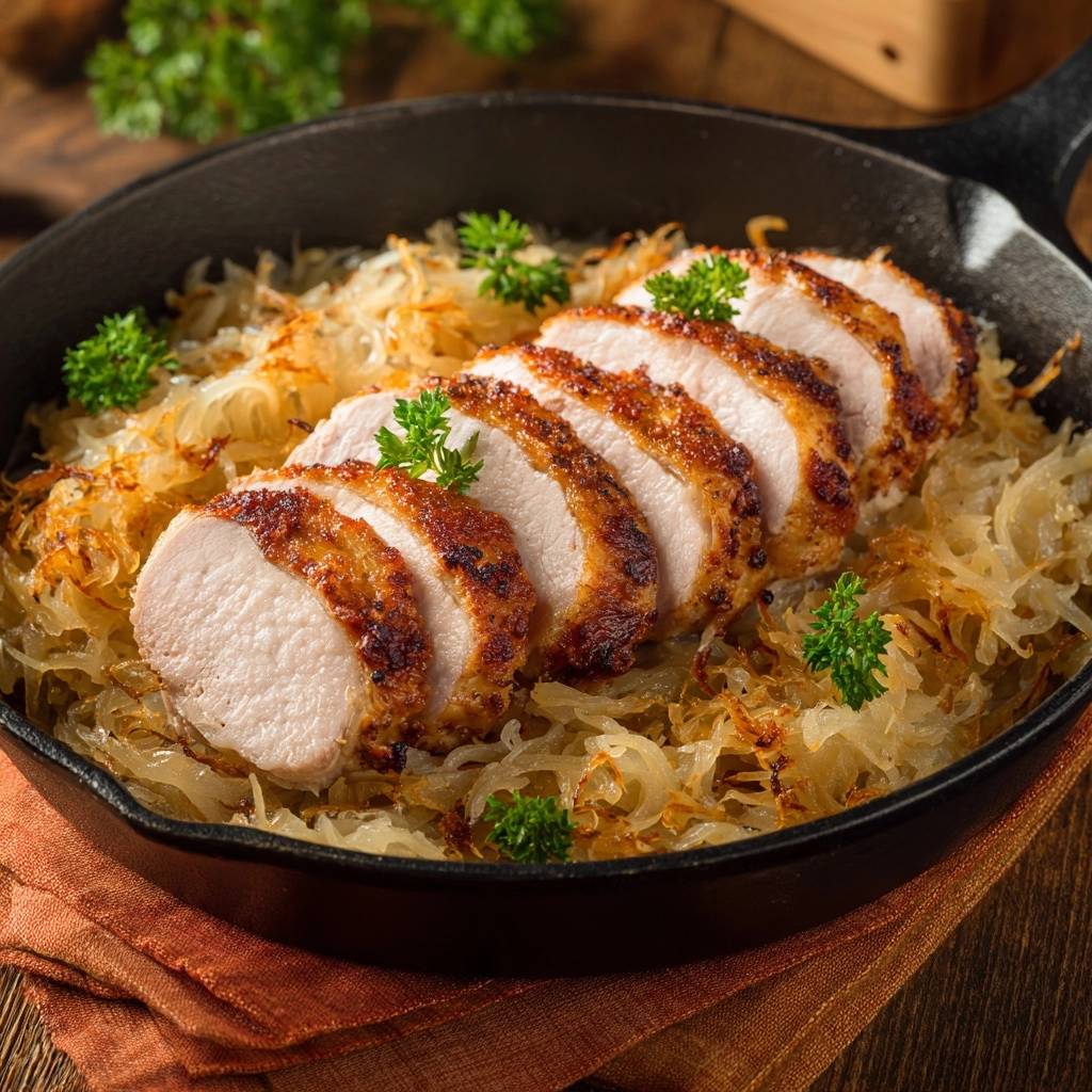 Knuspriger Putenbraten Mit Sauerkraut Querschnitt 1 Knuspriger Putenbraten mit Sauerkraut, serviert in der Pfanne, zeigt einen saftigen Querschnitt des Bratens, garniert mit frischer Petersilie.