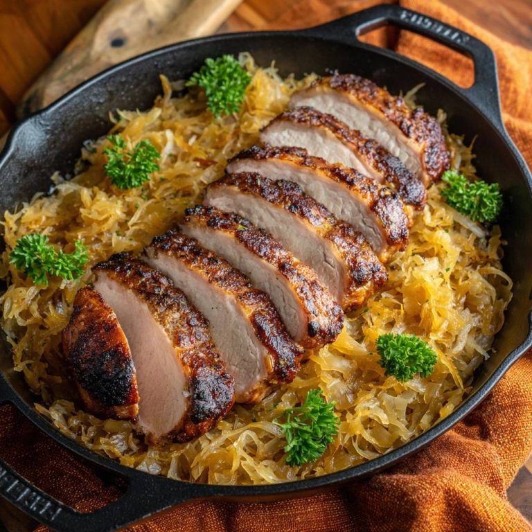 Knuspriger Putenbraten mit Sauerkraut, serviert in einer gusseisernen Pfanne, zeigt einen saftigen Anschnitt und knusprige Kruste.