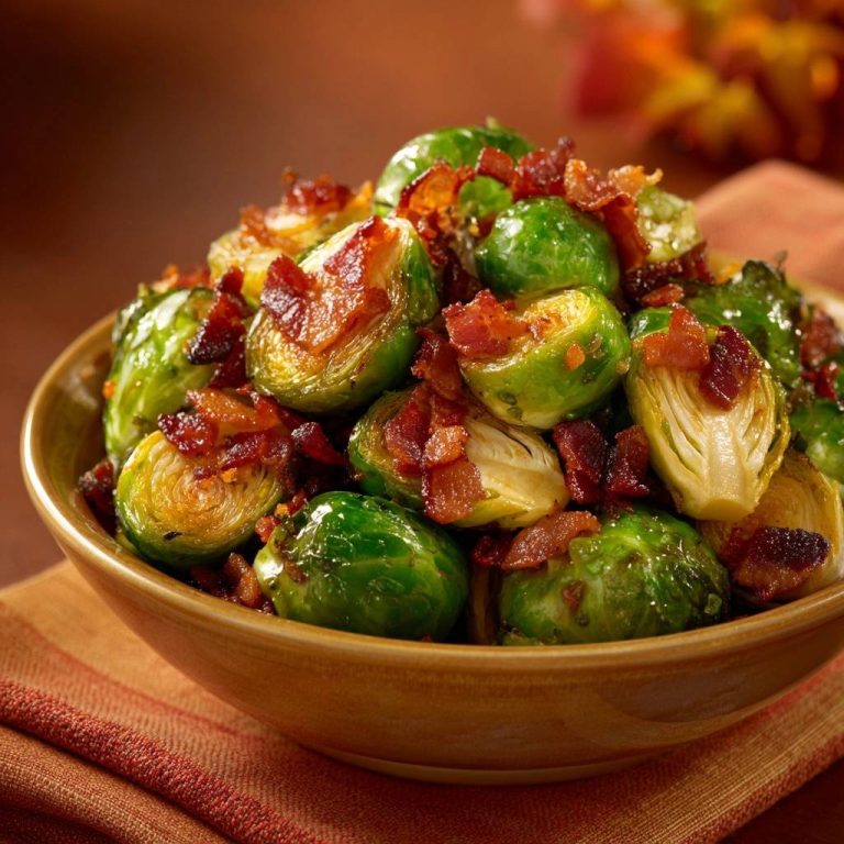 Knuspriger Rosenkohl mit Speck in einer Nahaufnahme, der die knusprige Textur und das appetitliche Aussehen des Gerichts zeigt.