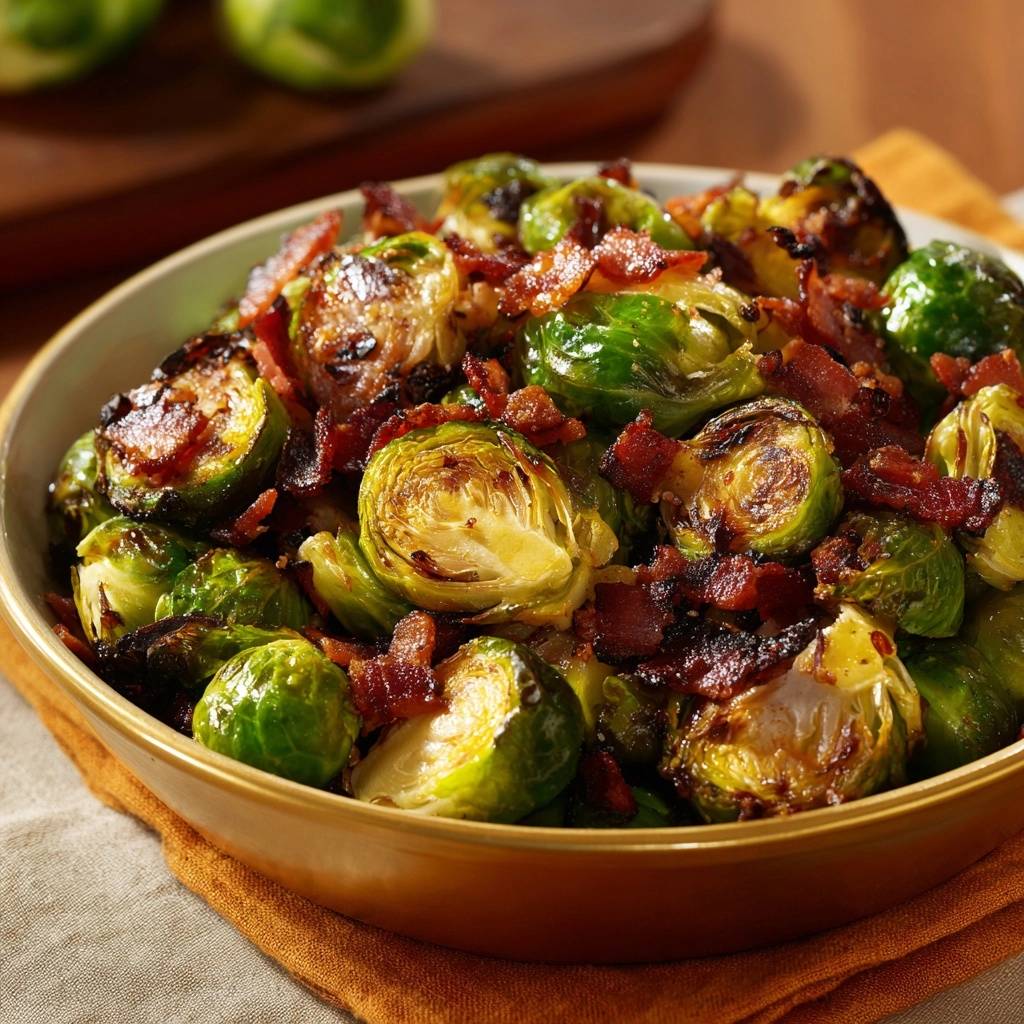 Knuspriger Rosenkohl Mit Speck Serviert 1 Knuspriger Rosenkohl mit Speck, serviert in einer rustikalen Schüssel, zusammen mit knusprigem Speck. Dieses Gericht ist perfekt als Beilage oder leichtes Mittagessen.