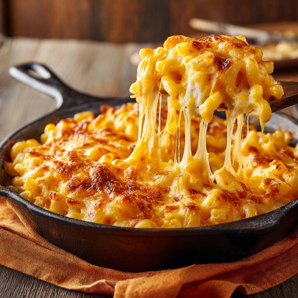 Knuspriger Skillet Mac And Cheese Kaese Zieht 1 Knuspriger Skillet Mac and Cheese mit geschmolzenem Käse, der sich beim Abheben vom Löffel in Fäden zieht, serviert in einer gusseisernen Pfanne.