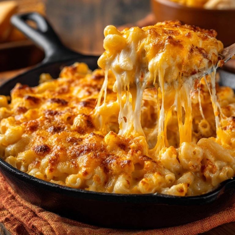Knuspriger Skillet Mac and Cheese mit geschmolzenem Käse, der sich beim Herausheben aus der Pfanne zieht, ein köstliches Gericht.