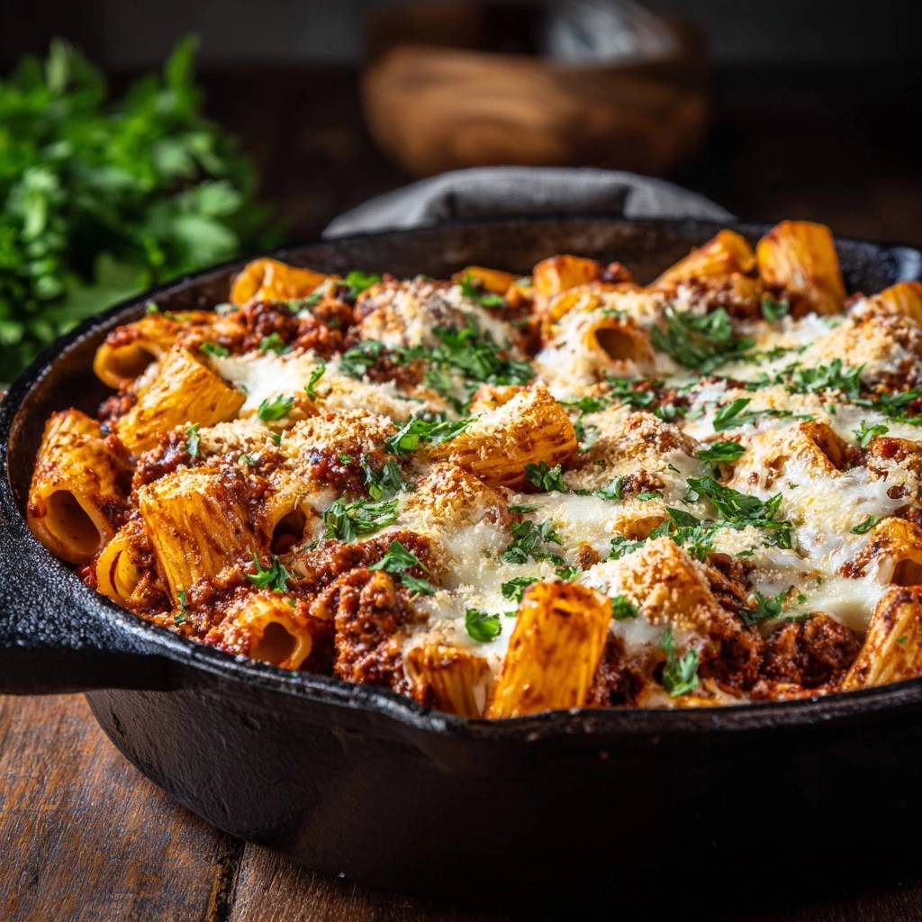 Knuspriger Skillet Rigatoni Bolognese Draufsicht 1 Knuspriger Skillet-Rigatoni Bolognese in einer gusseisernen Pfanne, garniert mit frischer Petersilie und geriebenem Käse, von oben gesehen.