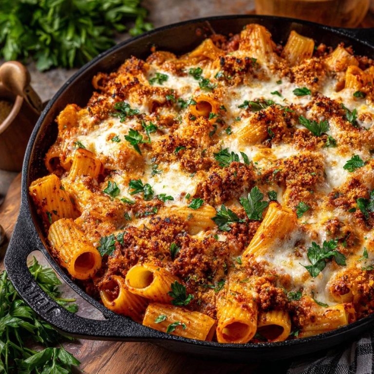Knuspriger Skillet-Rigatoni Bolognese aus der Vogelperspektive, serviert in einer heißen Pfanne, mit goldbrauner Kruste und frischer Petersilie.