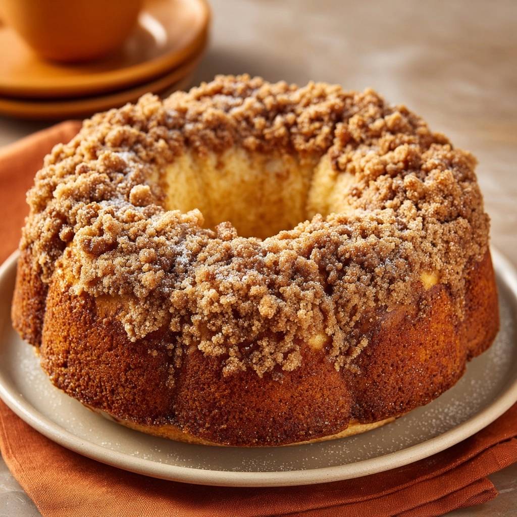 Knuspriger Streuselkuchen Auf Teller Nahaufnahme 1 Knuspriger Streuselkuchen mit Streuseln, serviert auf einem Teller, zeigt eine Nahaufnahme der golden gebackenen Kruste und dem Belag.