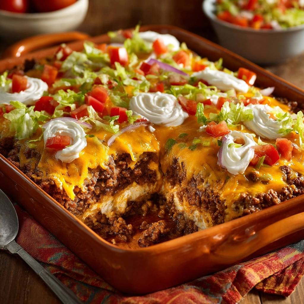 Knuspriger Taco Auflauf Querschnitt 1 Knuspriger Taco-Auflauf mit Anschnitt, der die geschichteten Zutaten und die geschmolzene Käseschicht zeigt. Ein köstliches Essen für die ganze Familie.