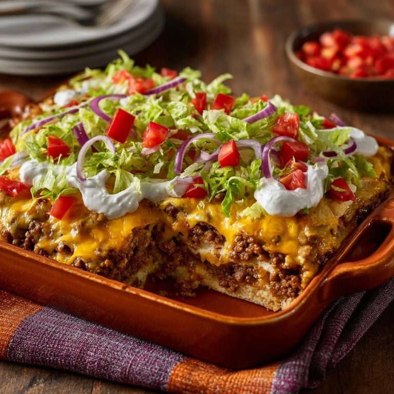 Knuspriger Taco-Auflauf zeigt einen köstlichen Querschnitt, der die geschichteten Zutaten und die knusprige Basis dieses Gerichts offenbart.