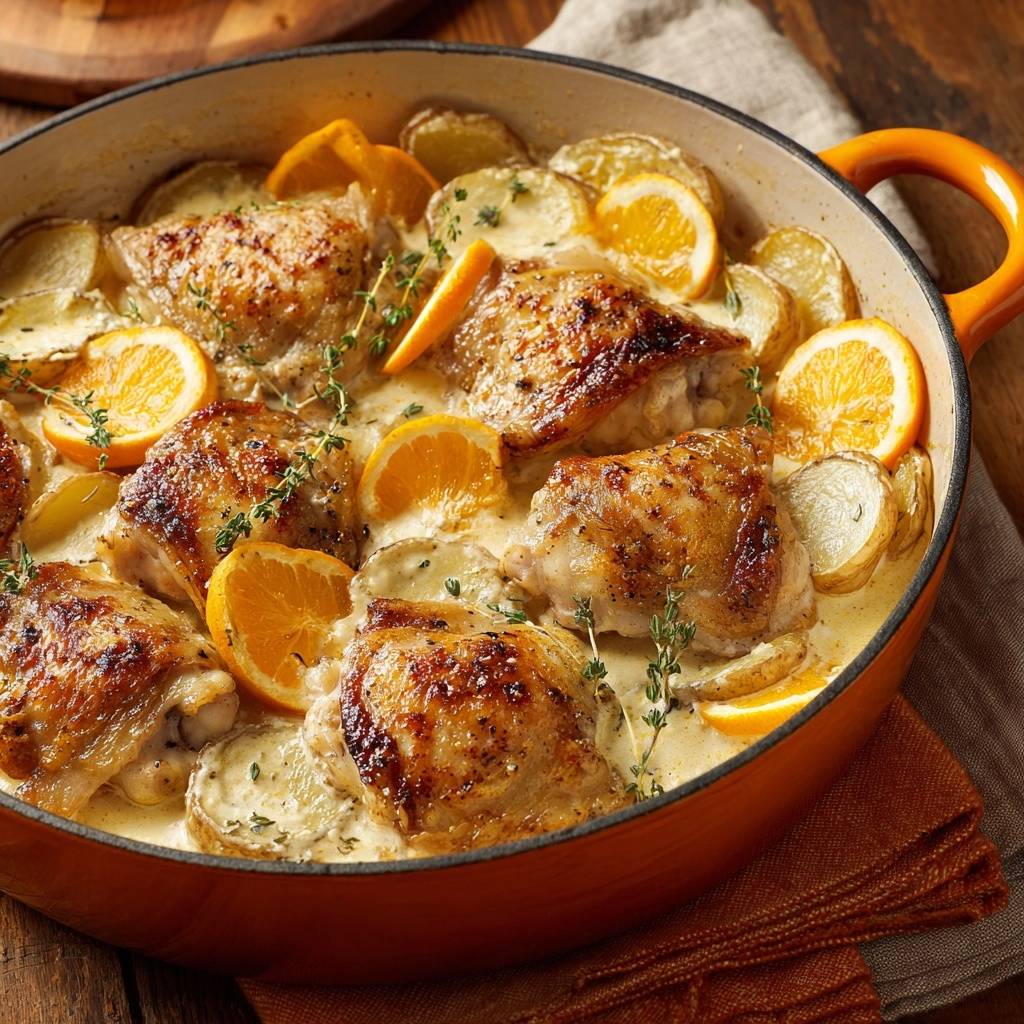 Knuspriges Hahnchen Mit Kartoffeln Zitronensahne Draufsicht 1 Knuspriges Hähnchen mit Kartoffeln in Zitronensahne in einer orangefarbenen Pfanne, serviert mit Orangen und frischem Thymian.