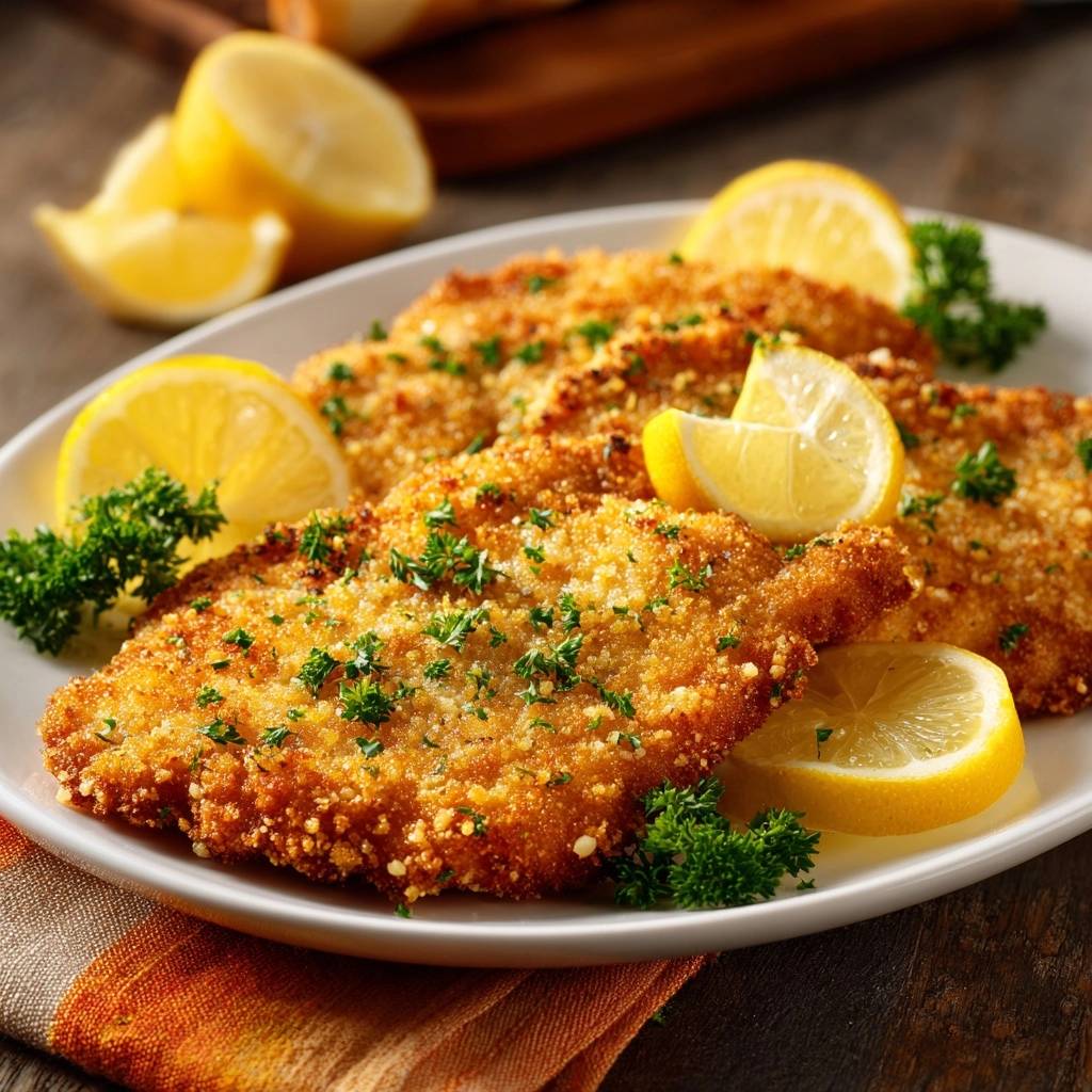 Knuspriges Hahnchenschnitzel Mit Zitrone Serviert 1 Knuspriges Hähnchenschnitzel mit Zitrone serviert auf einem weißen Teller, garniert mit frischer Petersilie und Zitronenscheiben.