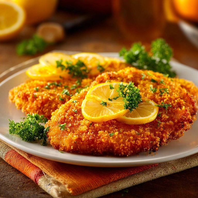 Knuspriges Hähnchenschnitzel mit Zitrone serviert auf einem weißen Teller, garniert mit Zitronenscheiben und frischer Petersilie.