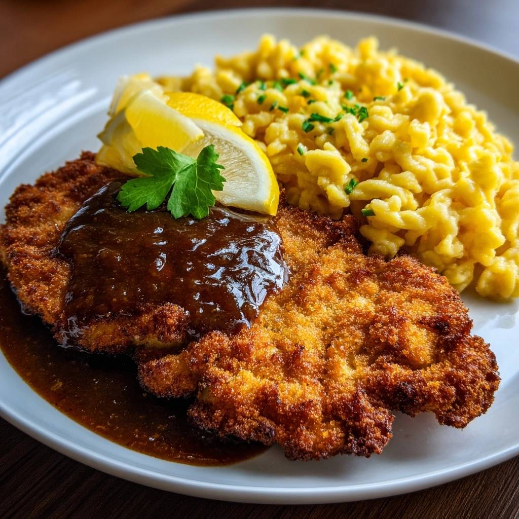 Knuspriges Huhn Schnitzel Mit Spaetzle Serviert 1 Knuspriges Hähnchen-Schnitzel mit Spätzle serviert auf einem weißen Teller, garniert mit Zitronenscheiben und Petersilie. Dazu eine dunkle, glänzende Soße.