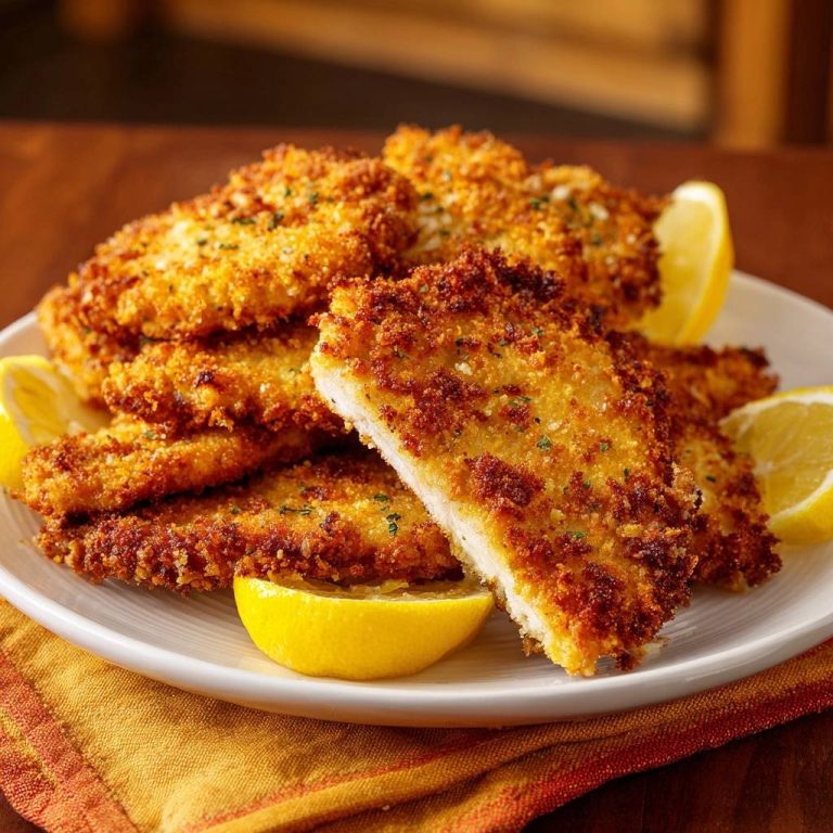 Knuspriges Hähnchen-Schnitzel mit Zitrone zeigt einen detailreichen Querschnitt, der die goldbraune Panade und das zarte Hähnchenfleisch offenbart.