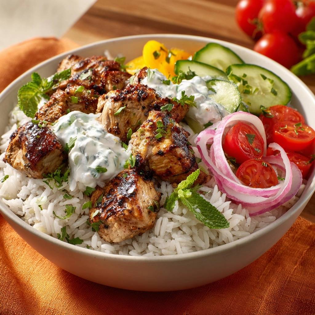 Knuspriges Huhn Tikka Bowl Mit Raita Nahaufnahme 1 Knusprige Hähnchen-Tikka-Bowl mit Raita in Nahaufnahme, serviert in einer Schüssel mit Reis, frischem Gemüse und Minze.