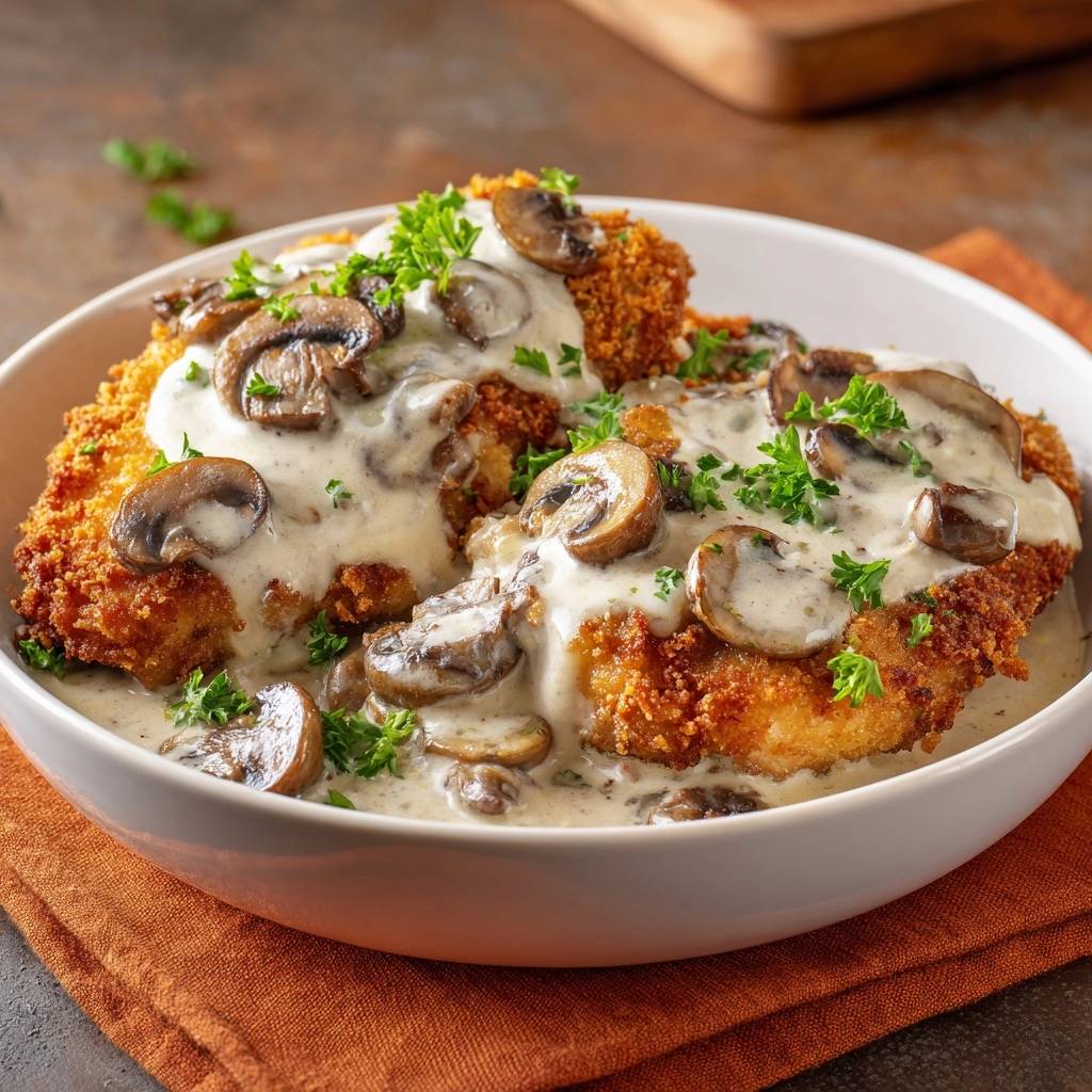 Knuspriges Huhnchen Mit Champignonrahmsose Serviert 1 Knuspriges Hähnchen mit Champignonrahmsoße, serviert in einer weißen Schüssel, bedeckt mit cremiger Soße und frischen Champignons.