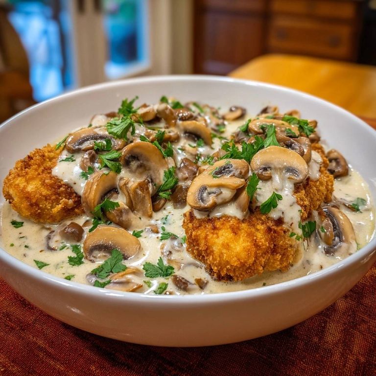 Knuspriges Hähnchen mit Champignonrahmsoße serviert in einer weißen Schüssel, garniert mit frischer Petersilie und cremiger Soße.