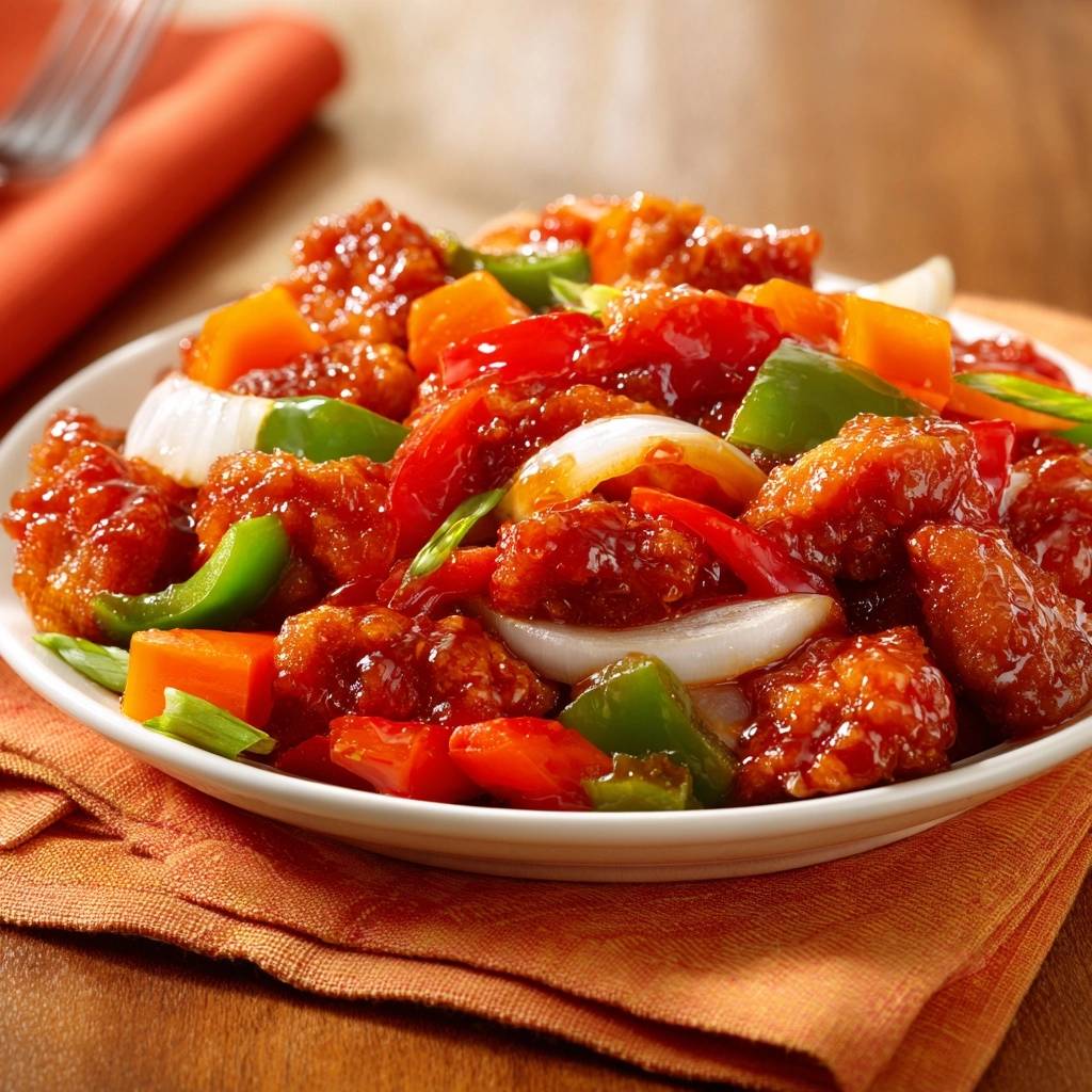 Knuspriges Huhnchen Mit Paprika Wok Serviert 1 Knuspriges Hähnchen mit Paprika-Wok serviert auf einem weißen Teller, angerichtet mit Paprika und Zwiebeln. Ein köstliches Gericht für Feinschmecker.