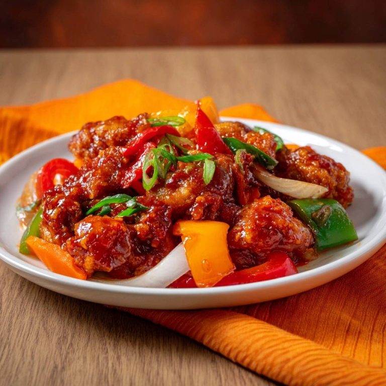 Knuspriges Hähnchen mit Paprika-Wok, serviert auf einem weißen Teller, garniert mit frischen Frühlingszwiebeln und buntem Paprika.