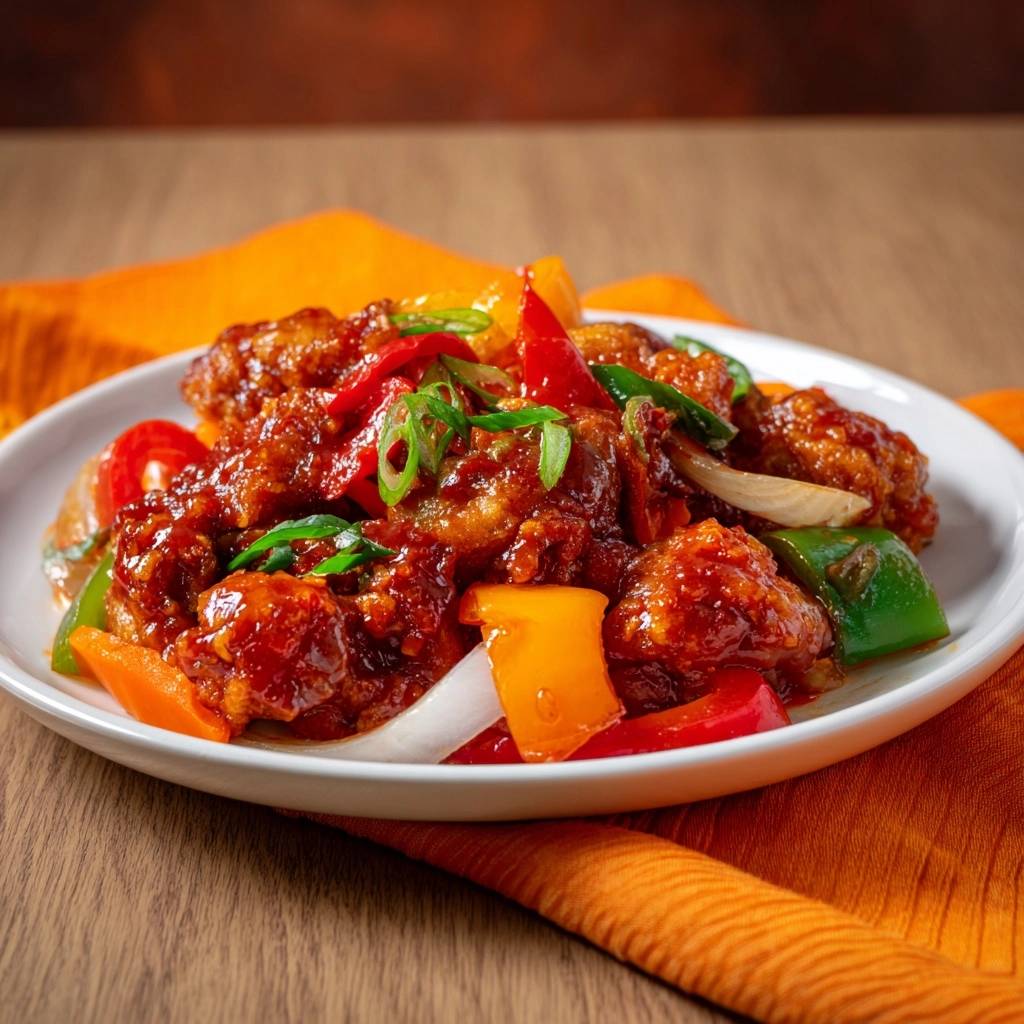Knuspriges Hähnchen mit Paprika-Wok, serviert auf einem weißen Teller, garniert mit frischen Frühlingszwiebeln und buntem Paprika.