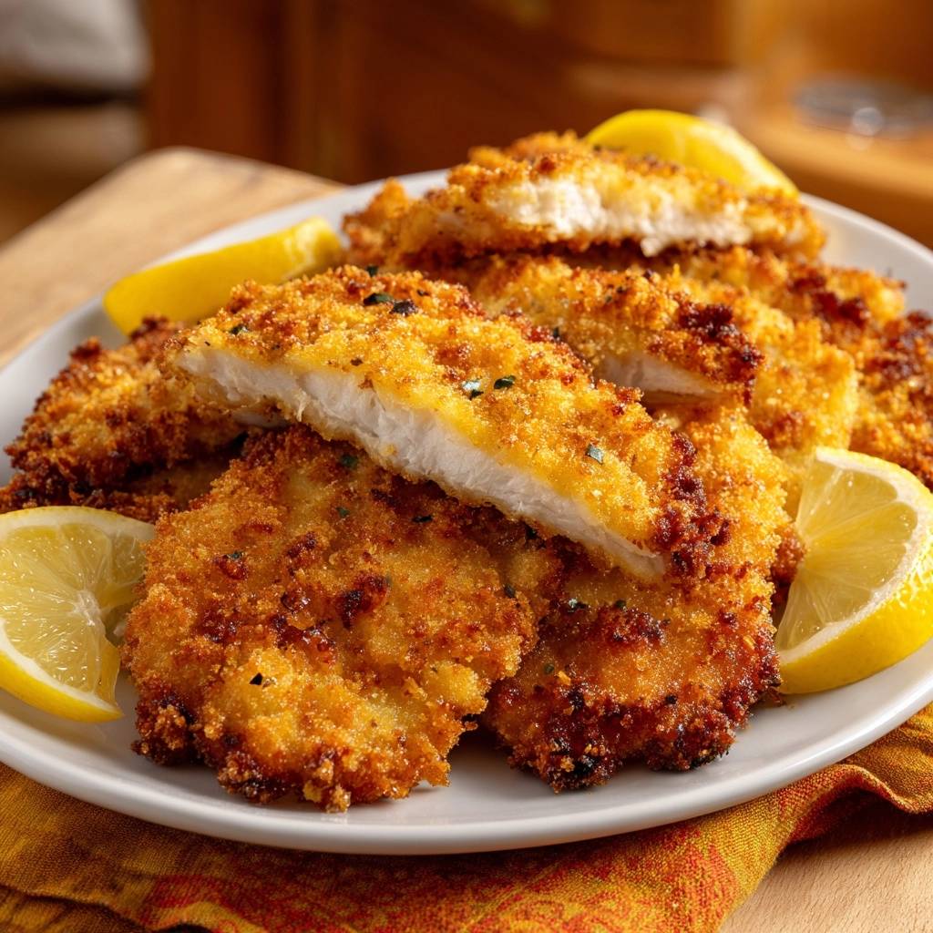 Knuspriges Huhnchen Schnitzel Mit Zitrone Querschnitt 1 Knuspriges Hähnchen-Schnitzel mit Zitrone zeigt eine Nahaufnahme des saftigen, perfekt gebratenen Fleischs im Anschnitt und Zitronenspalten.