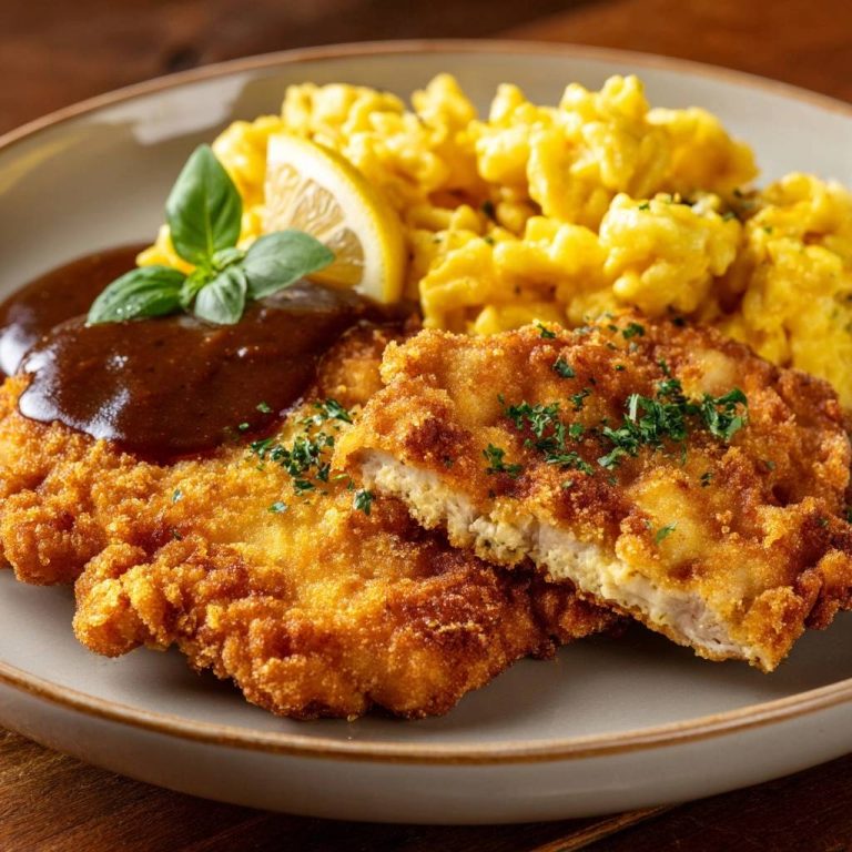 Knuspriges Hähnchen-Schnitzel mit Spätzle und Soße: Nahaufnahme eines panierten Schnitzels mit Anschnitt, der das zarte Innere zeigt.