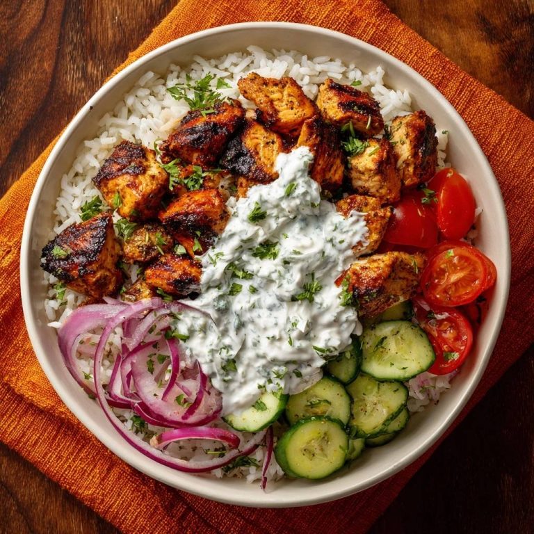 Knuspriges Hähnchen-Tikka-Bowl mit Raita in einer Nahaufnahme von oben gezeigt, mit Reis, Tzatziki, Tomaten, Gurken und Zwiebeln.