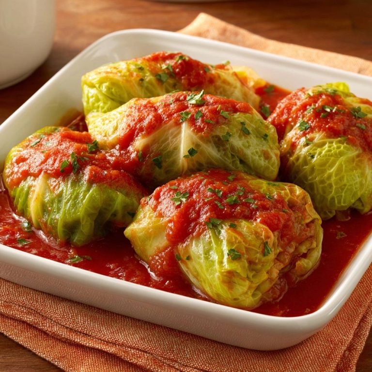 Kohlrouladen in Tomatensauce, serviert in einer weißen Auflaufform, mit einer Nahaufnahme der saftigen Tomatensauce und frisch gehackter Petersilie.