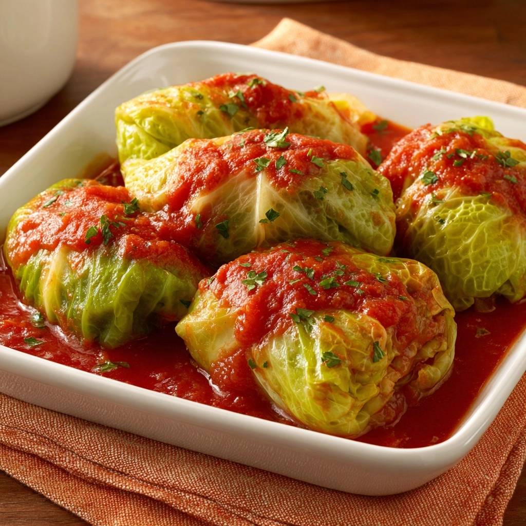 Kohlrouladen in Tomatensauce, serviert in einer weißen Auflaufform, mit einer Nahaufnahme der saftigen Tomatensauce und frisch gehackter Petersilie.