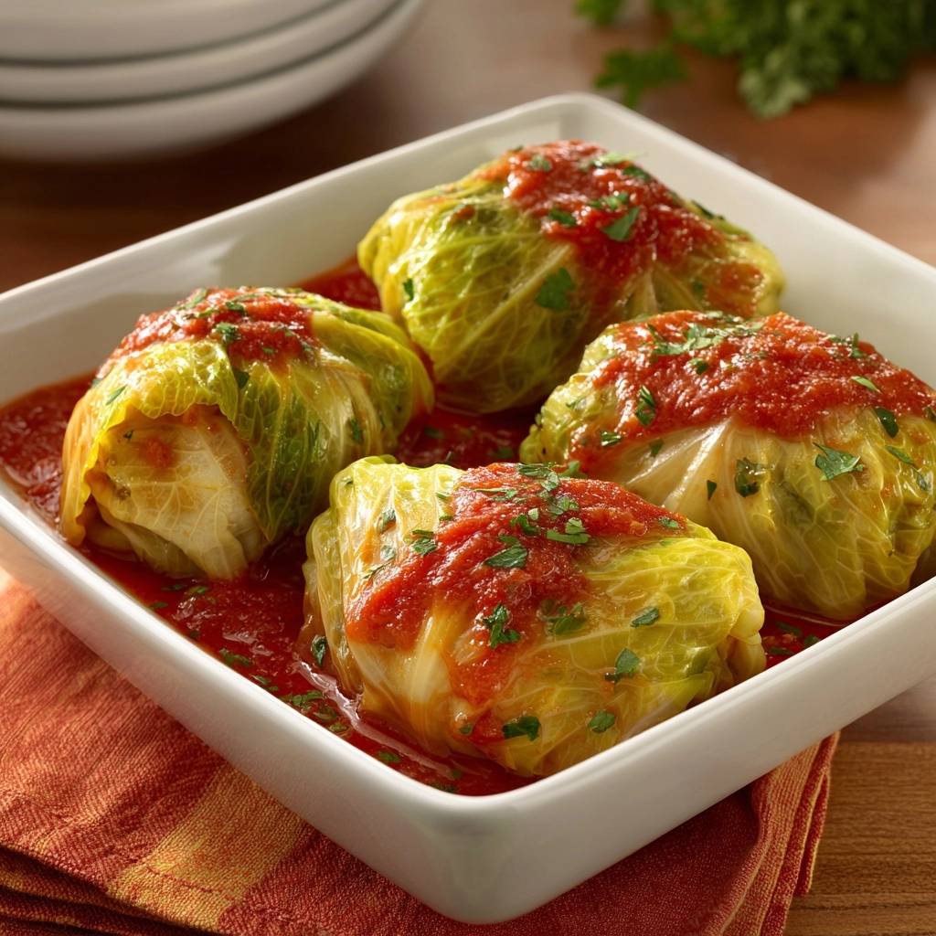 Kohlrouladen In Tomatensauce Serviert 1 Kohlrouladen in Tomatensauce serviert in einer weißen Auflaufform, mit frischen Kräutern garniert und in reichlich Sauce gebettet.