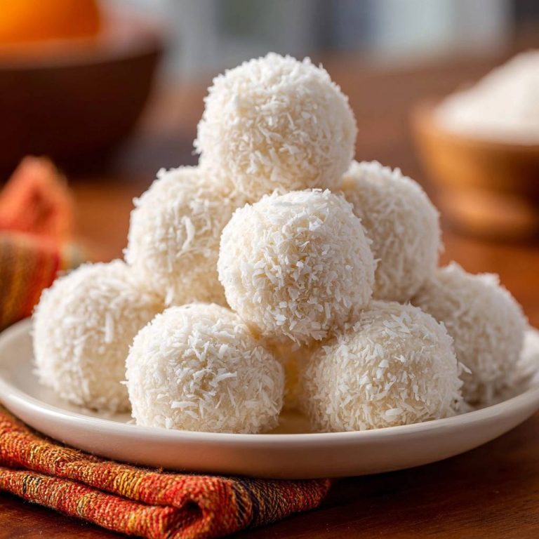 Kokosbällchen wie Raffaello, perfekt gestapelt auf einem cremefarbenen Teller. Die schneeweißen Kugeln sind von Kokosraspeln umhüllt und laden zum Genießen ein.