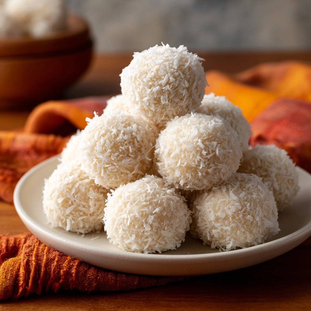Kokosbaellchen Wie Raffaello Auf Dem Teller Serviert 1 Kokosbällchen wie Raffaello, serviert auf einem hellen Teller mit einem Haufen Kokosraspeln. Die köstlichen Kugeln sind mit Kokosflocken umhüllt.