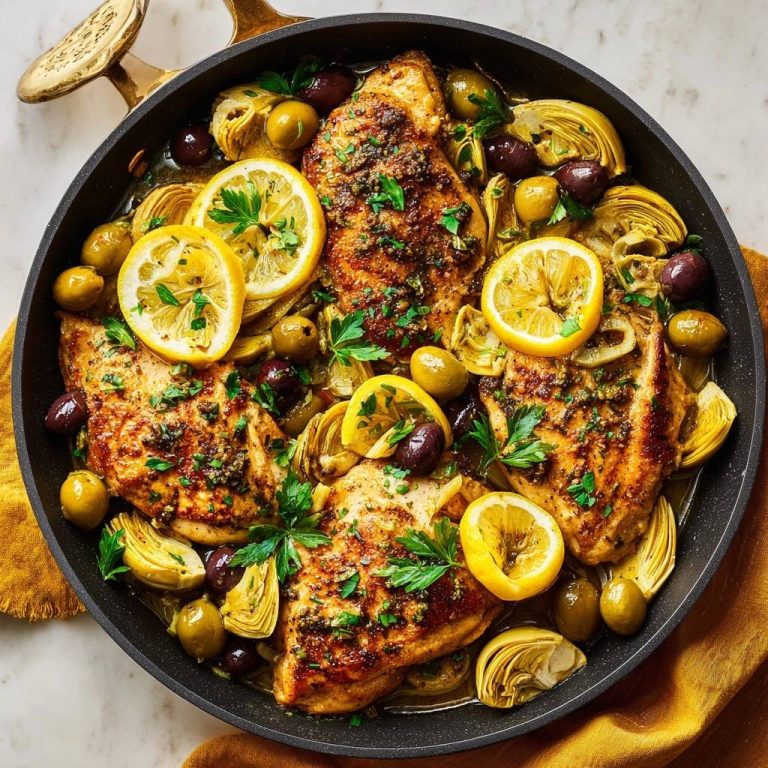 Mediterranes Hähnchen mit Artischocken, Oliven und Zitrone in einer Pfanne, serviert mit Zitronenscheiben und frischen Kräutern.