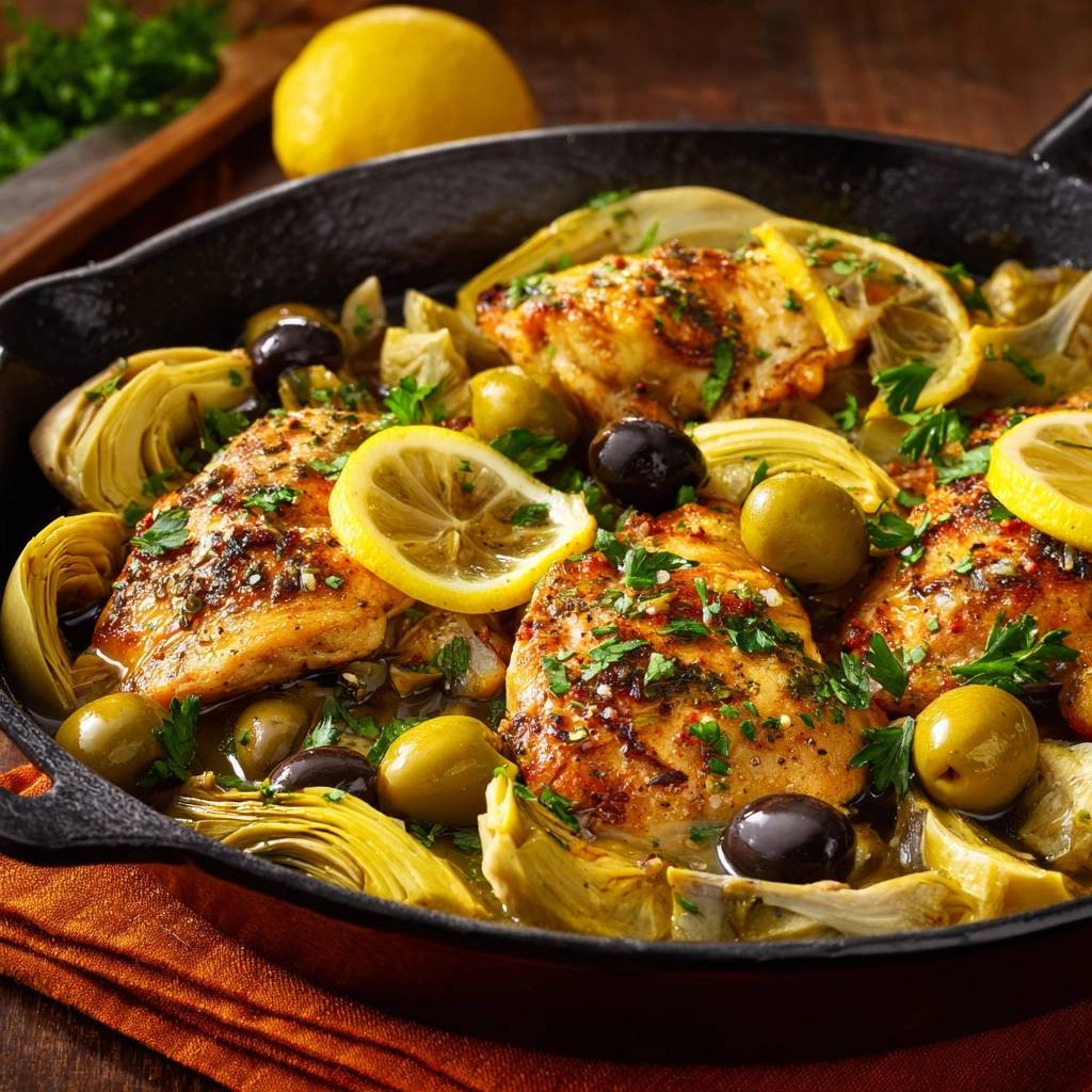 Mediterranes Huhn Mit Artischocken Oliven Zitrone Draufsicht 1 Mediterranes Hähnchen mit Artischocken, Oliven und Zitrone in einer Pfanne zubereitet, aus der Vogelperspektive fotografiert und appetitlich angerichtet.