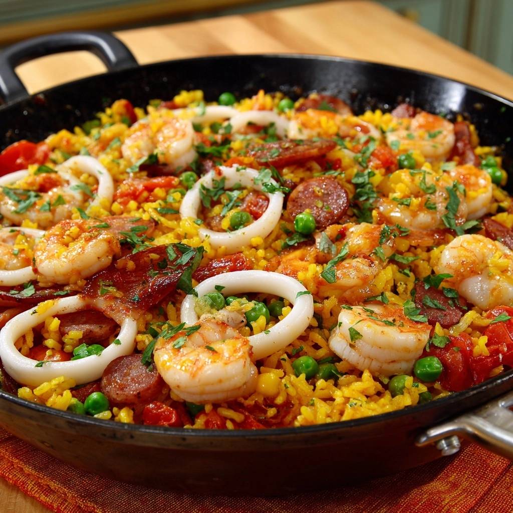 Meeresfruchte Paella Draufsicht Garniert 1 Meeresfrüchte-Paella in einer schwarzen Pfanne, von oben fotografiert, garniert mit frischer Petersilie und Erbsen. Die Paella ist mit Meeresfrüchten und Chorizo belegt.