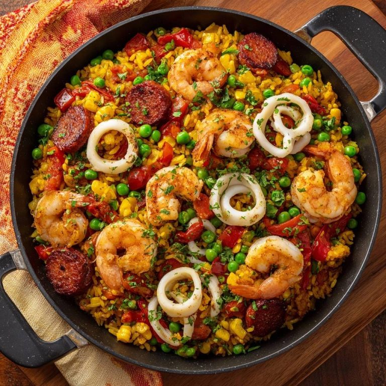 Meeresfrüchte-Paella in einer schwarzen Pfanne von oben. Die Paella ist reichhaltig mit Garnelen, Tintenfischringen und Chorizo garniert.