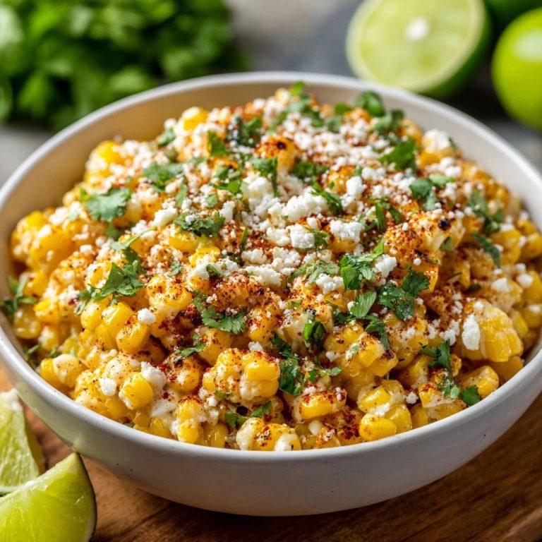 Mexikanische Esquites, serviert in einer Schüssel. Nahaufnahme des cremigen Mais mit Cotija-Käse, Koriander und Paprikapulver garniert.