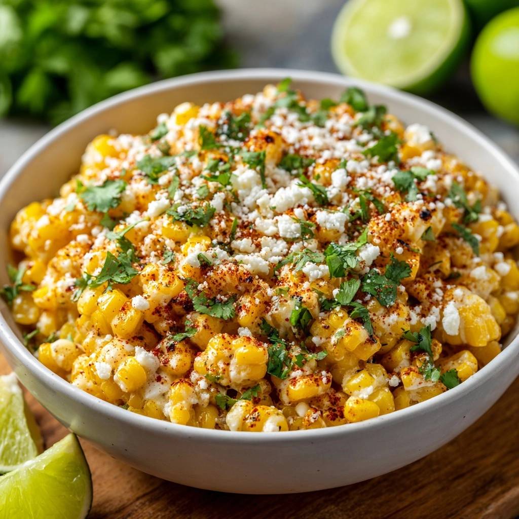 Mexikanische Esquites, serviert in einer Schüssel. Nahaufnahme des cremigen Mais mit Cotija-Käse, Koriander und Paprikapulver garniert.