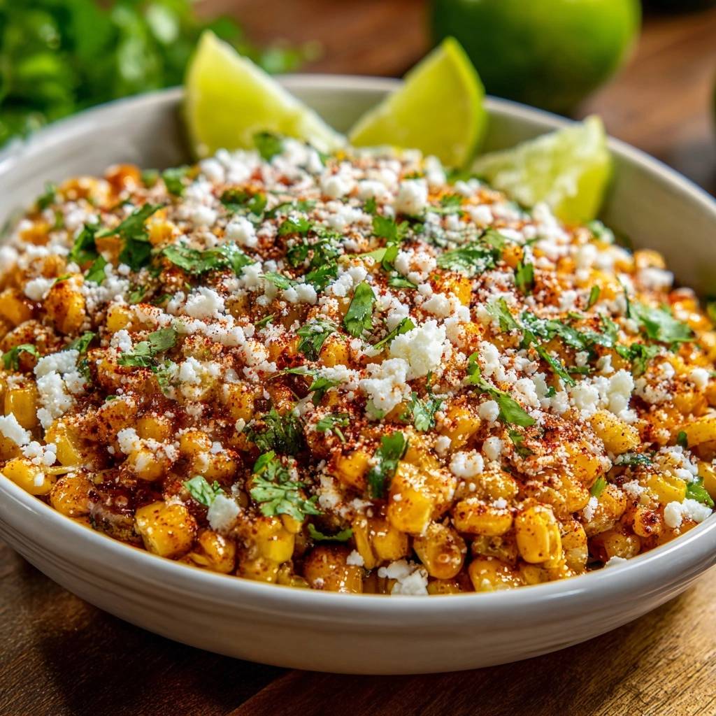 Mexikanische Esquites Nahaufnahme Serviert 1 Mexikanische Esquites, serviert in einer Schüssel, mit reichlich Toppings aus Käse, Koriander und Paprika. Der Mais ist von oben betrachtet.