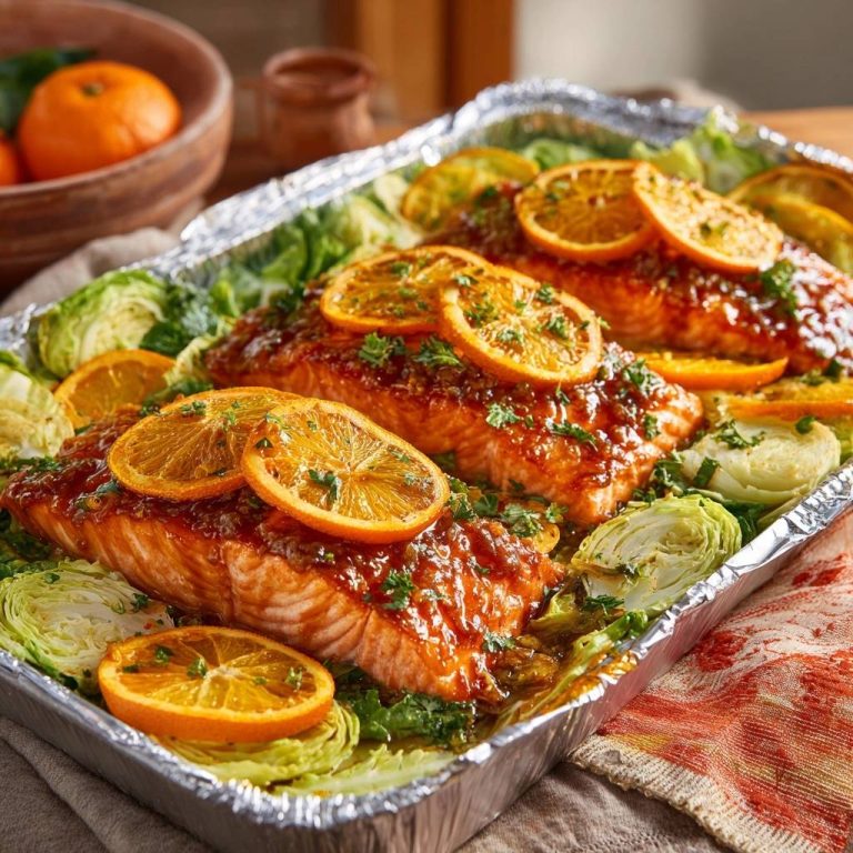 Orangen-glasierter Lachs auf Chinakohl-Bett in einer Aluminiumform serviert, mit Orangenscheiben garniert, von oben fotografiert.