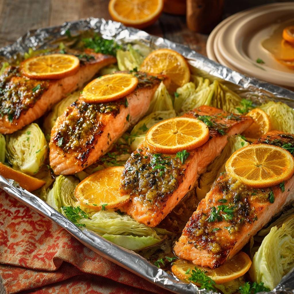Orangen Glasierter Lachs Auf Chinkohl Bett Draufsicht 1 Orangen-glasierter Lachs auf Chinakohl-Bett, serviert in einer Auflaufform, garniert mit frischen Orangen und Kräutern. Ein köstliches Gericht.