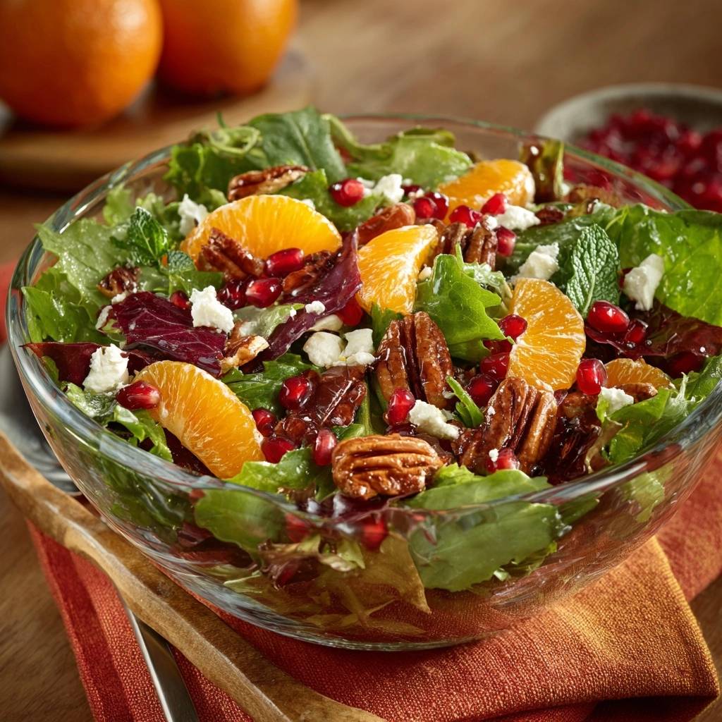 Orangen Granatapfel Salat Mit Feta Und Pekannuessen Draufsic 1 Orangen-Granatapfel-Salat mit Feta & Pekannüssen in einer Glasschüssel, von oben betrachtet. Der Salat ist mit frischen Orangenscheiben und Granatapfelkernen garniert.