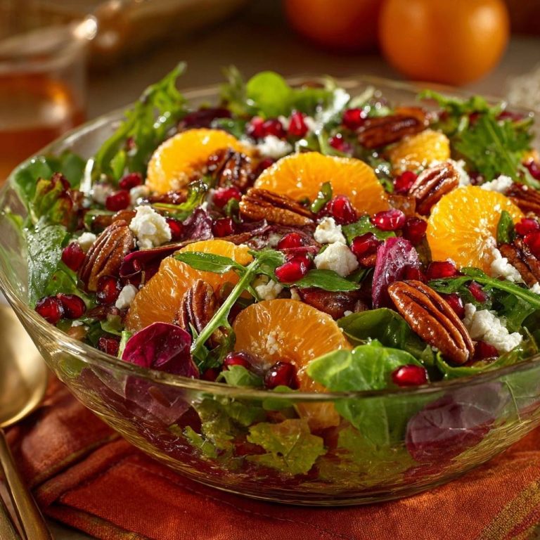 Orangen-Granatapfel-Salat mit Feta & Pekannüssen, serviert in einer Glasschüssel. Ein farbenfroher Salat mit Orangen, Granatapfelkernen, Feta und Pekannüssen.