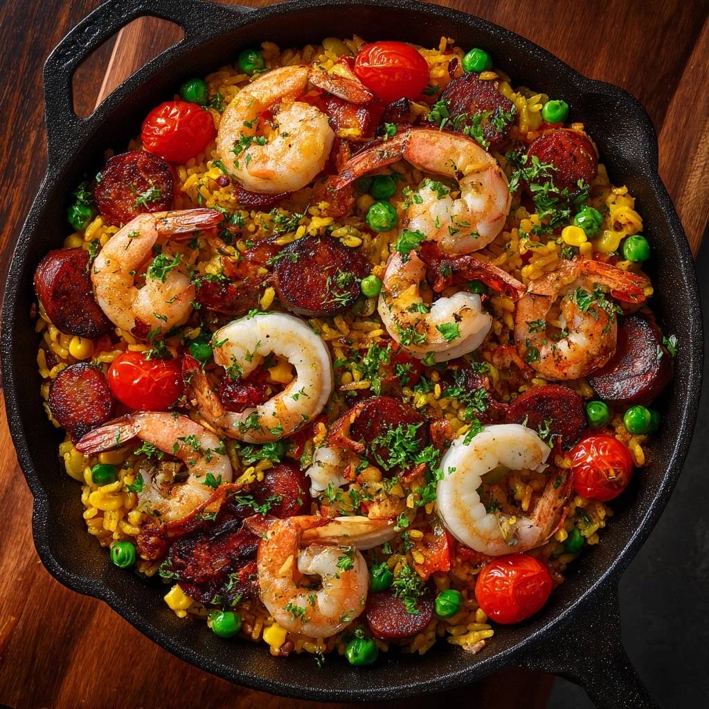 Paella Mit Garnelen Calamari Chorizo Draufsicht 1 Paella mit Garnelen, Calamari & Chorizo in einer gusseisernen Pfanne, aus der Vogelperspektive fotografiert, mit frischen Garnelen und Chorizo.