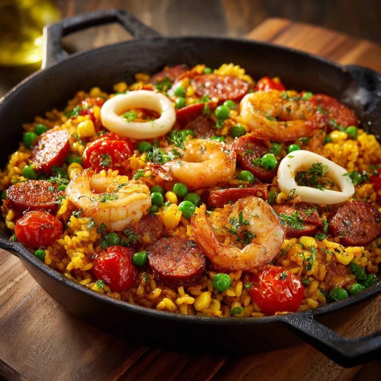 Paella mit Garnelen, Calamari & Chorizo in einer schwarzen Pfanne, von oben fotografiert, mit saftigen Garnelen und Chorizo-Scheiben.